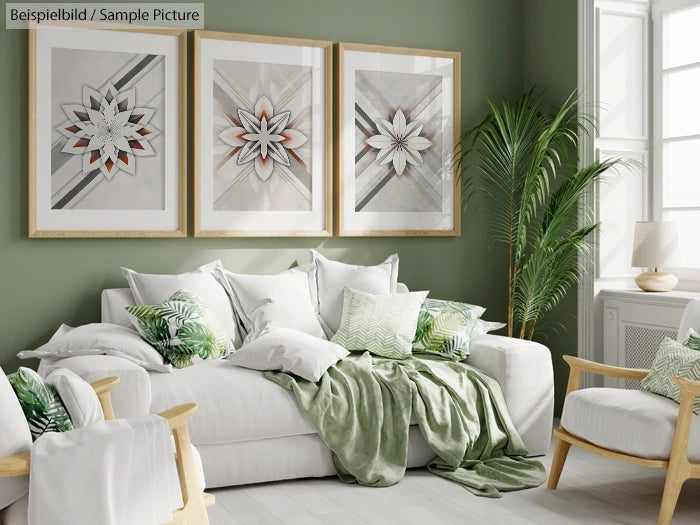 Living room with green walls, three framed artworks, white couch, decorative pillows, and a large potted plant.