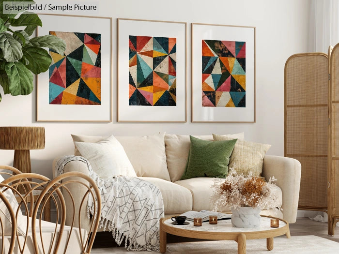 Cozy living room with a beige sofa, colorful geometric wall art, rattan chairs, and a decorative plant on wooden table.