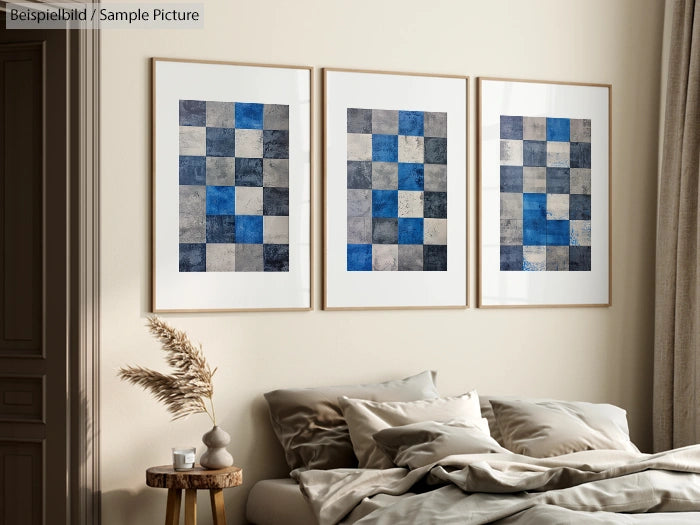 Bedroom with neutral decor and framed geometric artwork in shades of blue and gray on the wall.