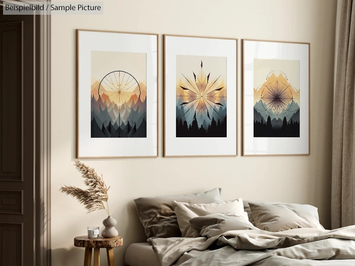 Bedroom with three abstract mountain art prints on wall, beige bedding, and a side table with a vase of dried flowers.