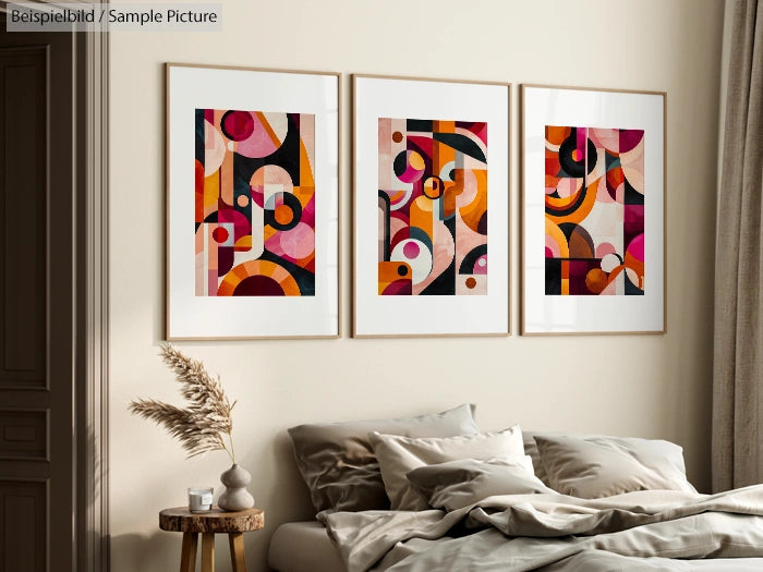 Bedroom with three abstract geometric art pieces on wall above bed, featuring vibrant red, orange, and pink patterns.