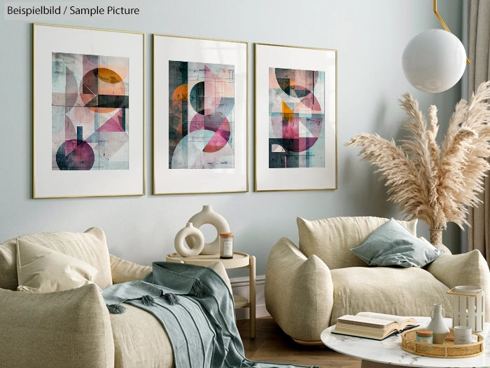 Modern living room with abstract art prints on a light blue wall, beige chairs, and pampas grass decor.