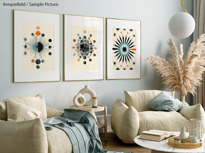 Modern living room with abstract art, beige sofas, pampas grass, and a round lamp against a pastel green wall.