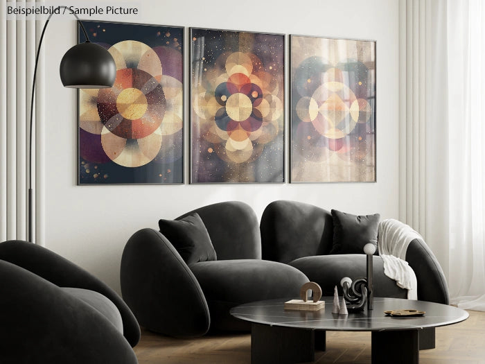 Modern living room with black furniture, a curved sofa, round coffee table, and three abstract geometric art pieces on the wall.