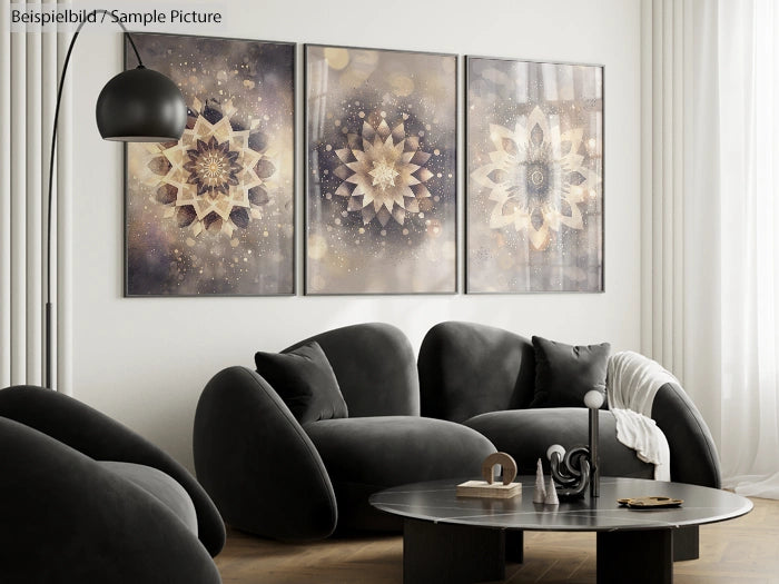 Modern living room with black furniture and abstract geometric art on the wall.