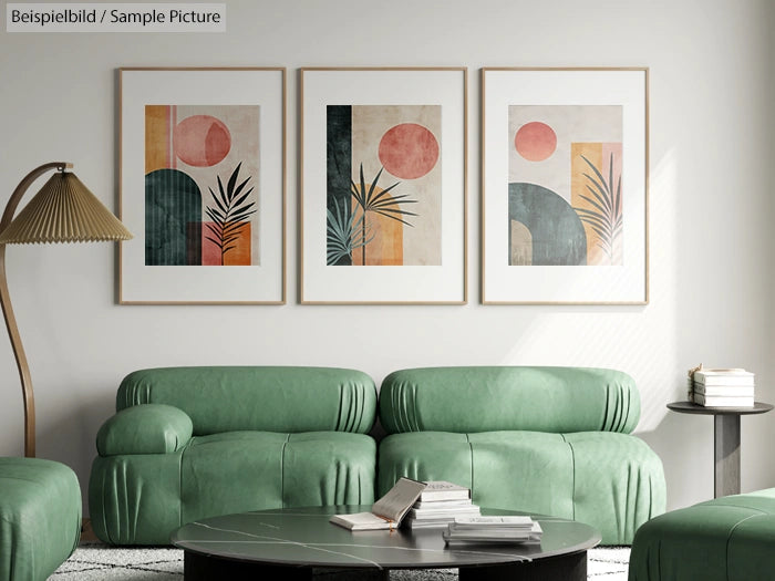 Modern living room with green couches, abstract art on wall, and a unique floor lamp.