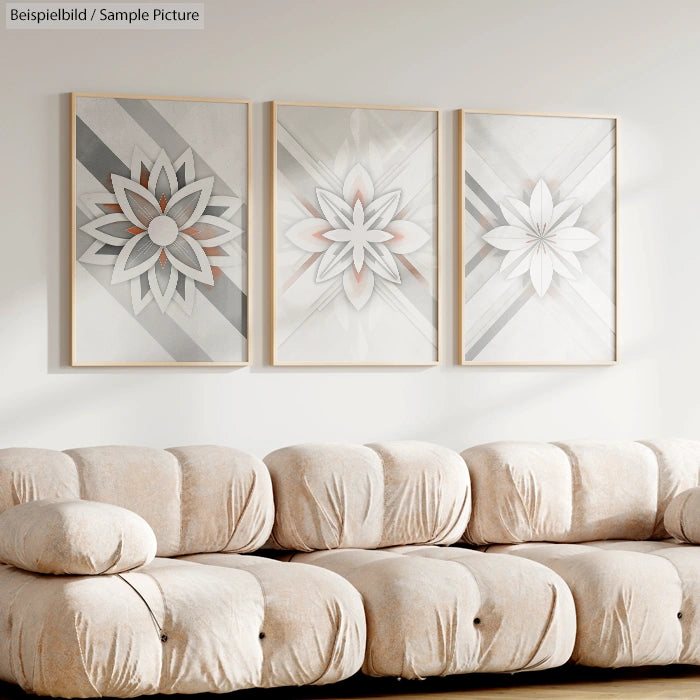 Contemporary living room with a beige sofa and three geometric flower artworks on the wall.