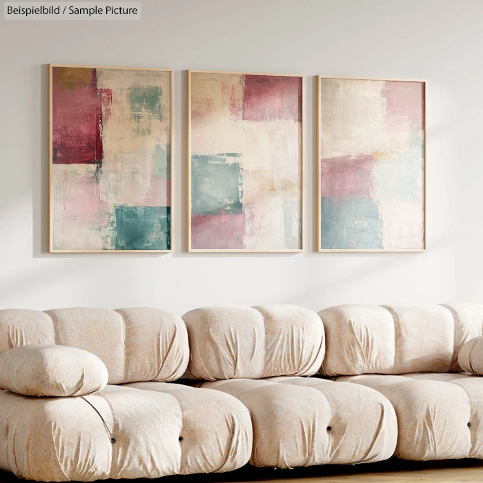 Neutral-toned couch beneath three abstract paintings with pastel pink and blue blocks on a white wall.