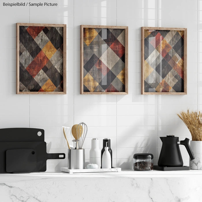 Modern kitchen with abstract geometric art and cooking utensils on marble countertop.