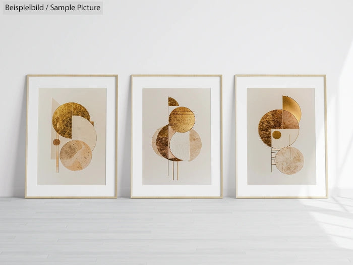 Three framed abstract art prints with geometric shapes and gold accents on a light wall.