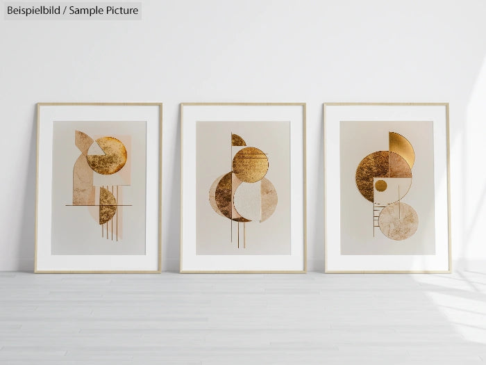 Three abstract geometric art prints with gold and beige tones in gold frames on a light wooden floor.