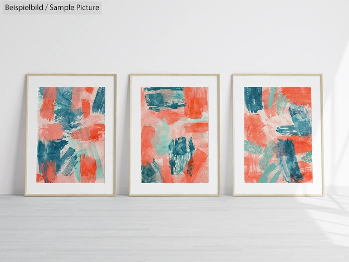 Three abstract paintings with blue, coral, and green brushstrokes in a white gallery setting.