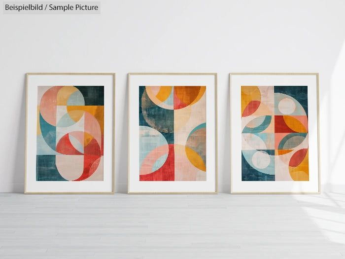 Three framed abstract geometric paintings with circles and arcs in warm tones on a white wall.