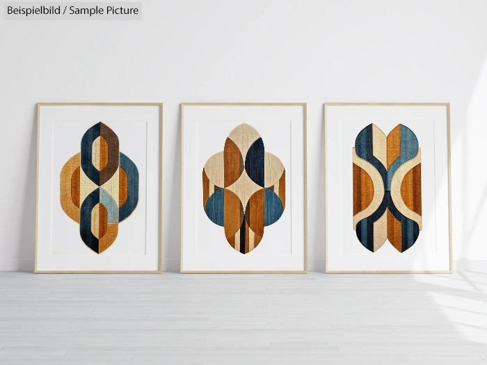 Three framed abstract geometric artworks with blue, brown, and beige shapes on a white wall in a minimalist room.