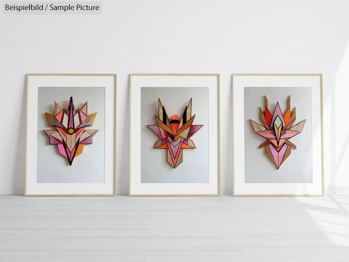 Three framed geometric art pieces with colorful shapes in a minimalist white gallery setting.