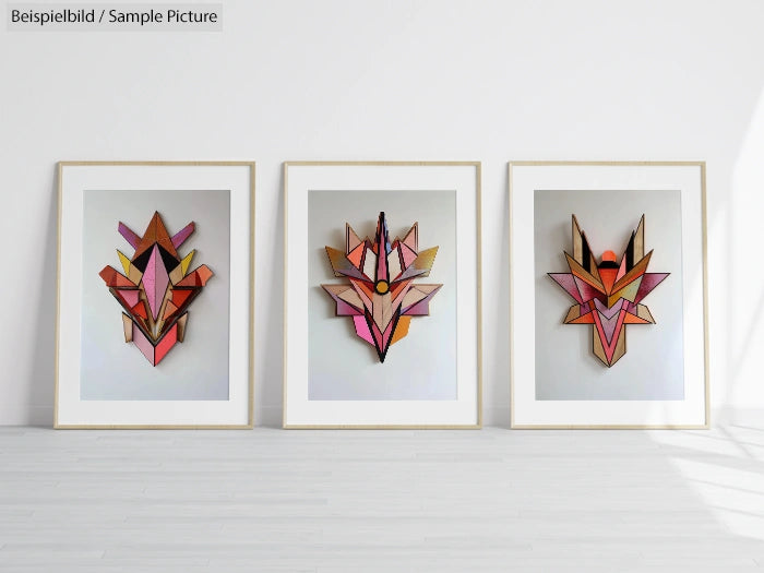 Three framed geometric artworks with vibrant colors on a white wall.