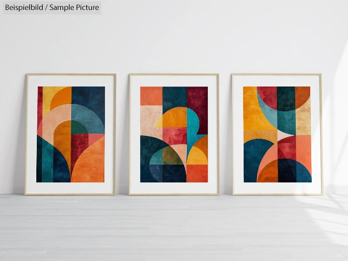 Three framed abstract artworks with geometric shapes and vibrant colors, displayed against a white wall.