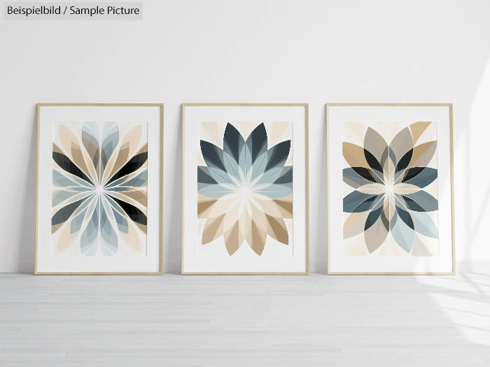 Three geometric floral art prints in neutral tones framed and displayed on a minimalist white wall.