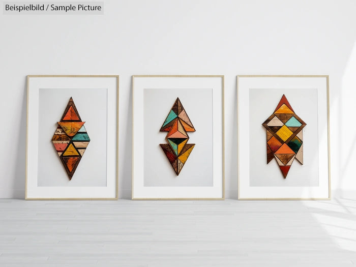 Three framed geometric wooden art pieces with colorful triangles on a white wall.