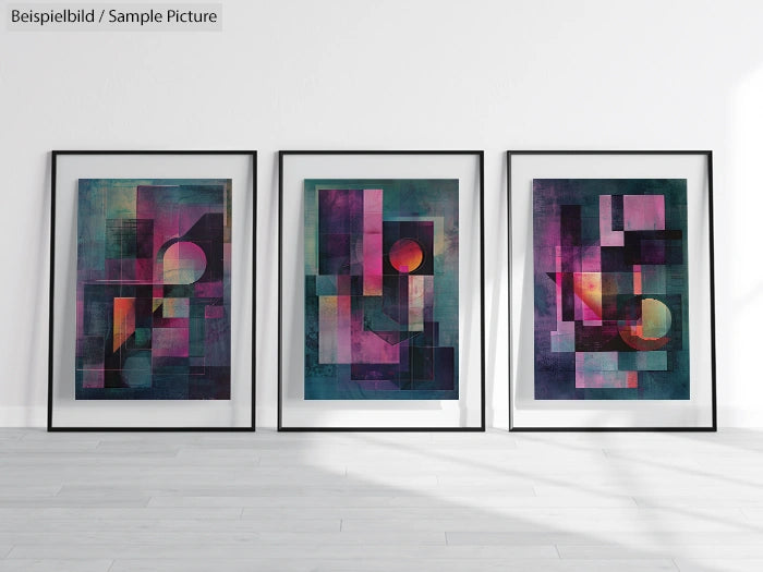 Gallery wall displaying three framed abstract geometric paintings with vibrant colors in a minimalist setting.