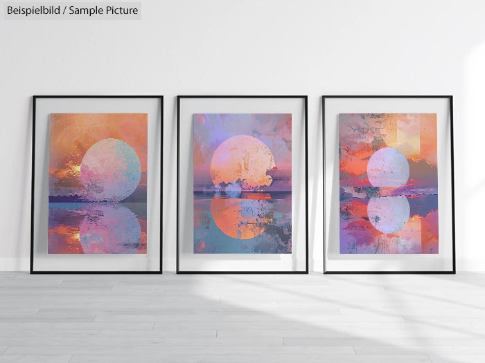 Three framed abstract artworks with circular designs in pinks, purples, and blues, leaning against a white wall.