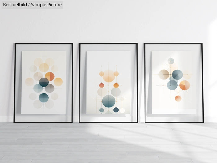 Three framed abstract art prints with geometric designs featuring circles in shades of orange, blue, and beige.