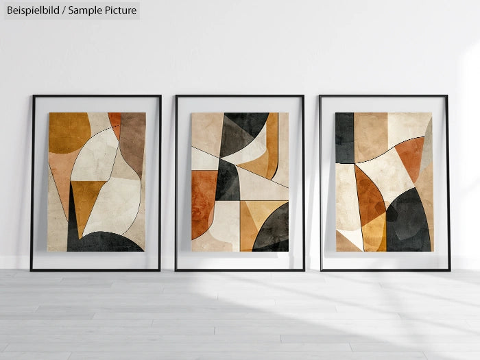 Triptych of abstract art prints with geometric shapes in earthy tones, displayed in black frames on a white wall.