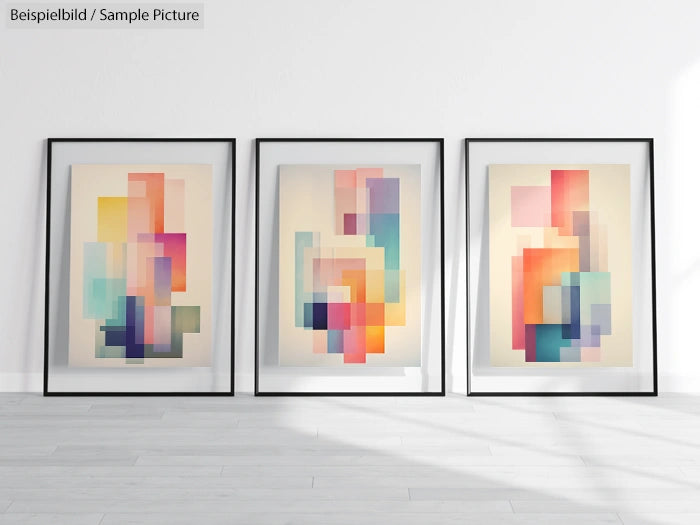 Three framed abstract artworks with geometric shapes in vibrant colors on a minimalist white wall.