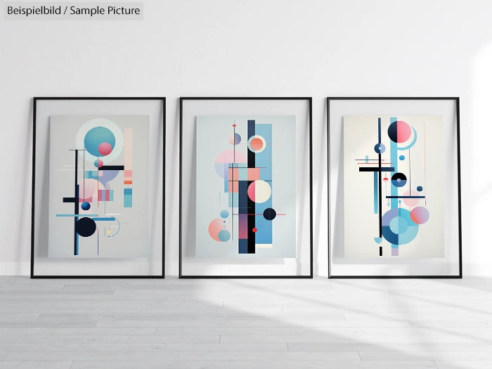 Three framed abstract geometric art prints with colorful circles and squares, displayed on a white wall.