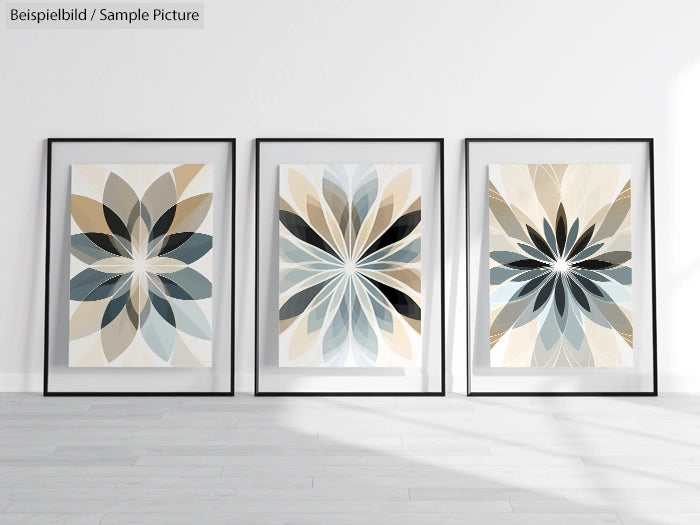 Three framed geometric artworks with leaf patterns in blue, beige, and black tones, displayed on a white wall.