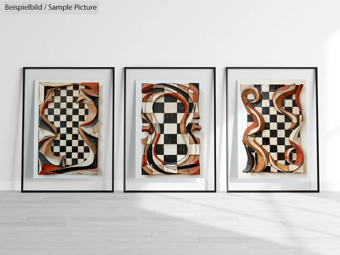 Three framed abstract artworks with checkered patterns and curving colorful shapes on a white wall.