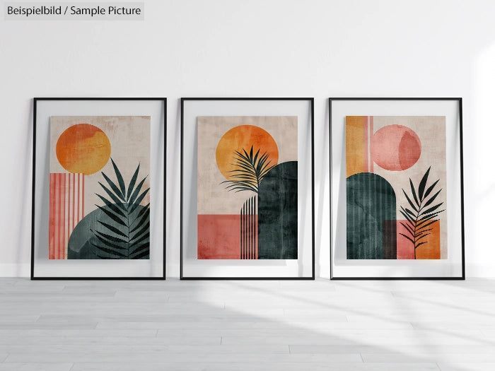 Three framed abstract botanical art prints on a white wall, featuring sun motifs and plant silhouettes in warm tones.