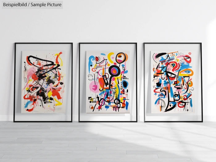 Three framed abstract paintings with colorful shapes and lines on a white wall.