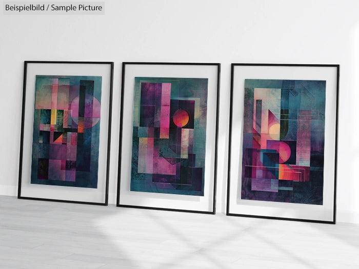 Three framed abstract artworks with geometric shapes and vibrant colors displayed on a white wall.