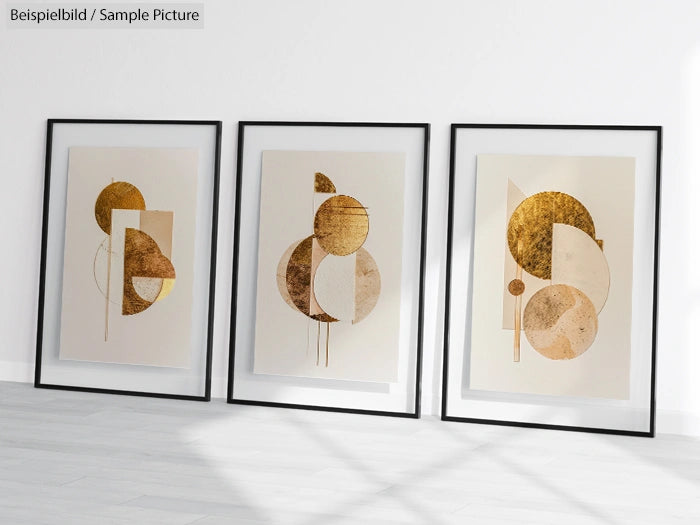 Art prints with geometric shapes in gold and beige tones, framed and displayed on a white floor against a white wall.