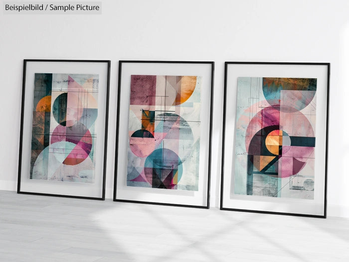 Three framed abstract geometric paintings with circles and rectangles in pastel shades on a white wall.