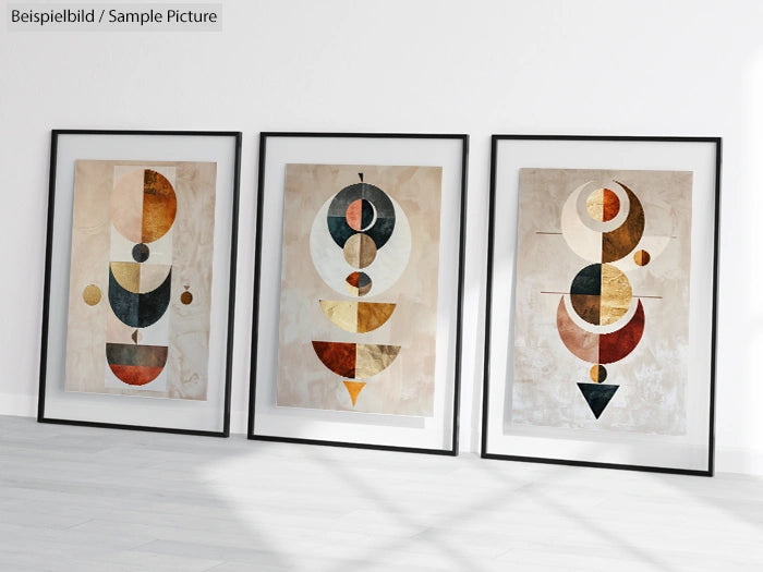 Three framed abstract geometric art pieces with circular and triangular shapes in earthy tones on a wall.