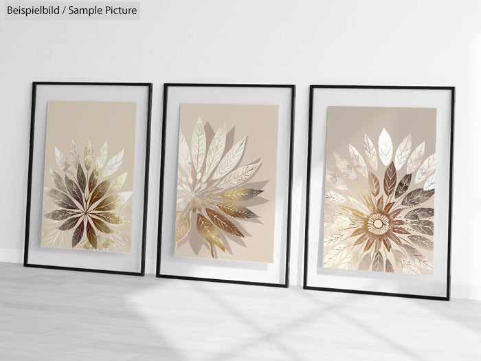 Three framed floral artworks with leaf patterns, displayed against a white wall on a light-colored floor.