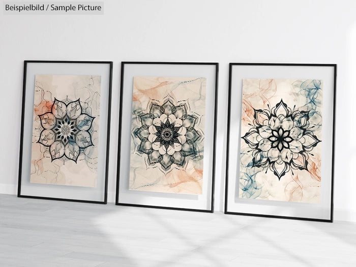 Three framed floral mandala drawings on a white wall with light shadows.