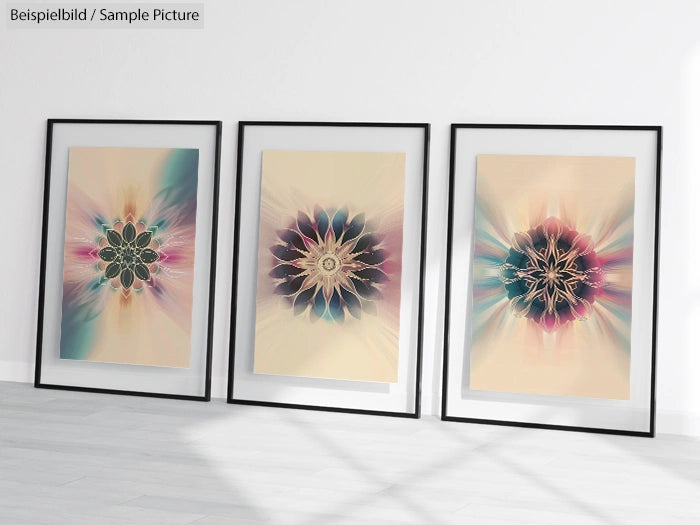 Three framed abstract artworks with starburst patterns in pastel colors on a light-colored floor.