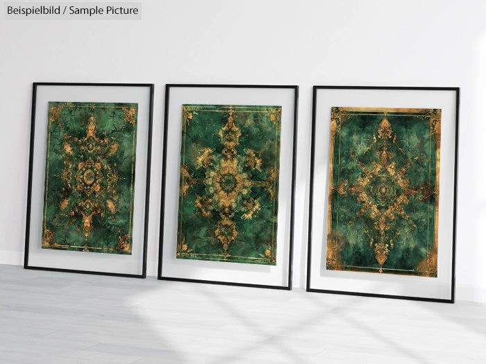 Three framed artworks with intricate gold patterns on dark green backgrounds, leaning against a white wall.