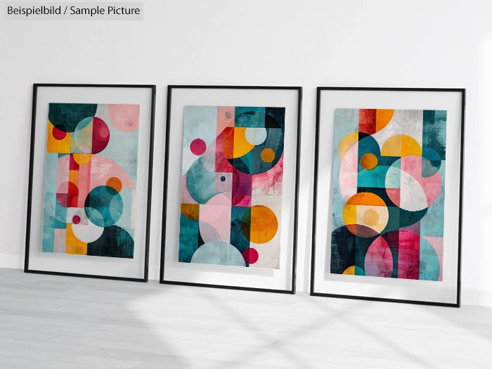 Three abstract geometric prints with circles and rectangles in blue, pink, yellow, and green, framed on a white wall.