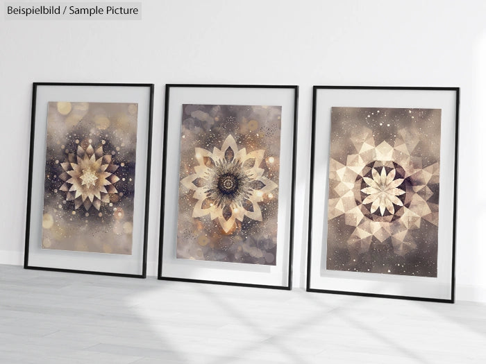 Three framed abstract star patterns in earth tones on a white wall.