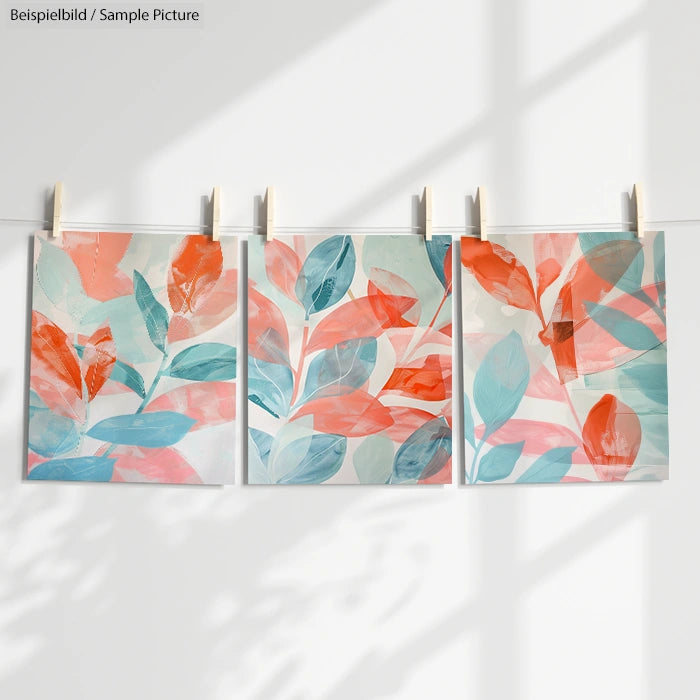 Three abstract paintings with blue and orange leaves hanging on a line against a white background.