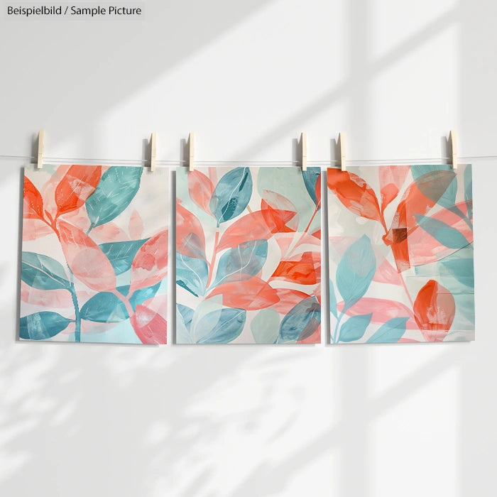 Three paintings of stylized leaves in red, orange, and teal, hanging on a line with clothespins against a white background.