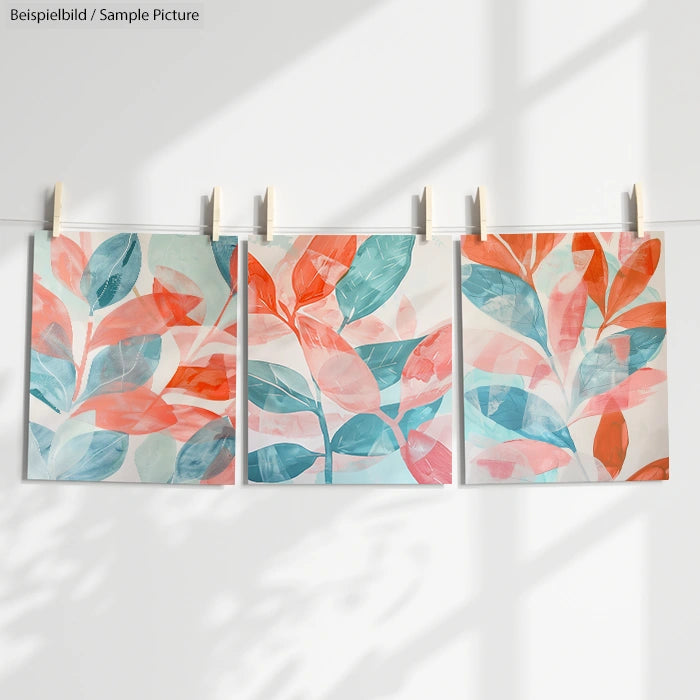 Three abstract leaf paintings in blue and coral hues hanging on a line with pegs against a light background.