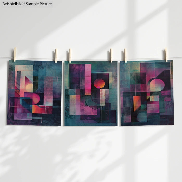 Three abstract geometric artworks hanging on a line, featuring colorful shapes and gradients in a modern style.