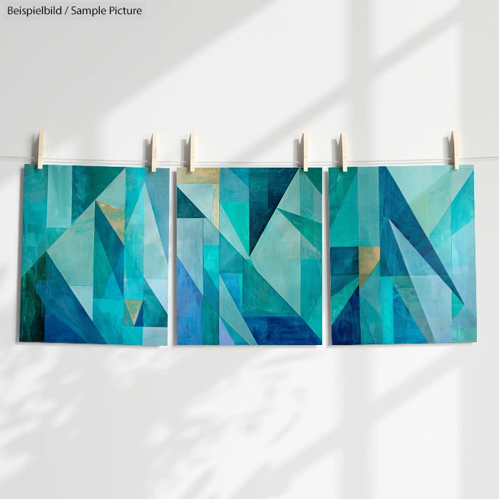 Three abstract paintings with geometric patterns in shades of blue and green, hanging on a line against a white wall.