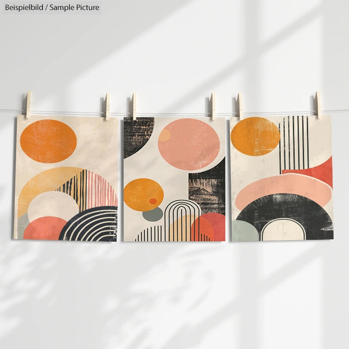 Three abstract art prints with geometric shapes and warm colors hanging on a line with clothespins.