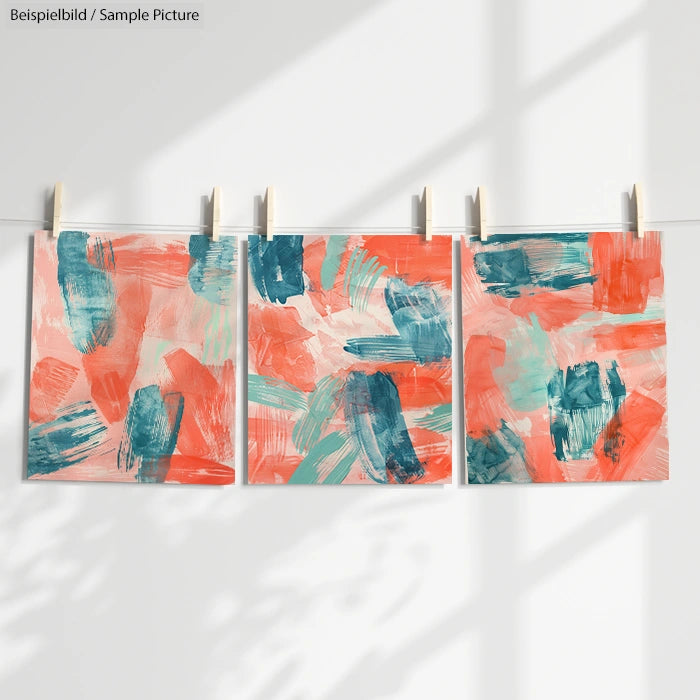 Three abstract paintings with red, teal, and white brushstrokes, hanging on a line in a bright room.